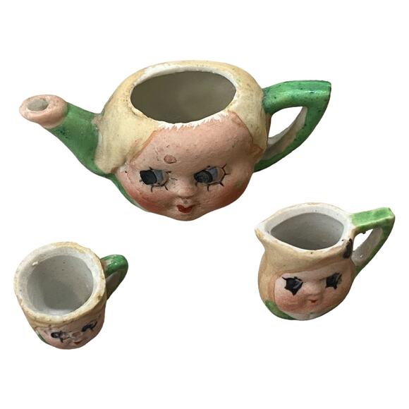 3 Pc Set 1920's Japan Kewpie Doll Face Child's Miniature Tea Pot Cup Creamer - Picture 5 of 14